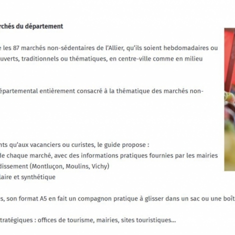 Le guides des marchs de l'Allier 2025 est disponible auprs de la CCI, des mairies ou Offices de Tourisme...